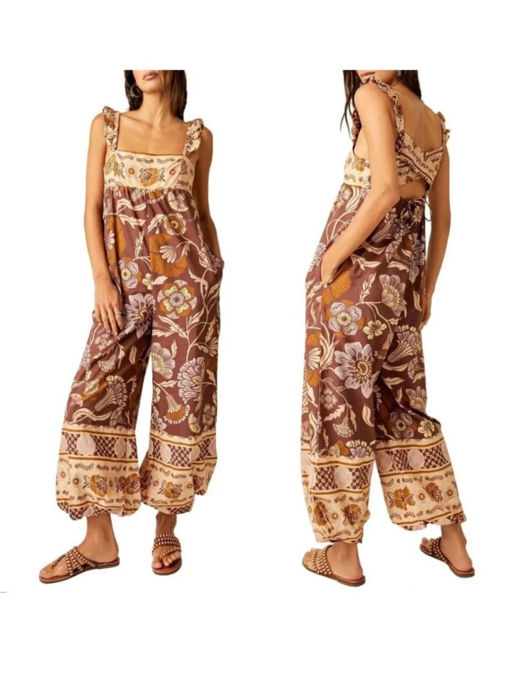 Free People Bali Albright Floral Cotton JUMPSUIT Size M Brown Coffee Combo NEW - Picture 1 of 13